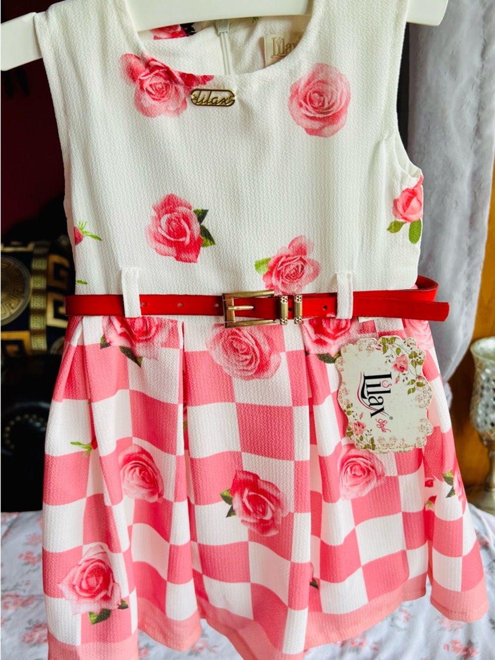 Lila Girls' Pink Floral Check Belted Casual Dress